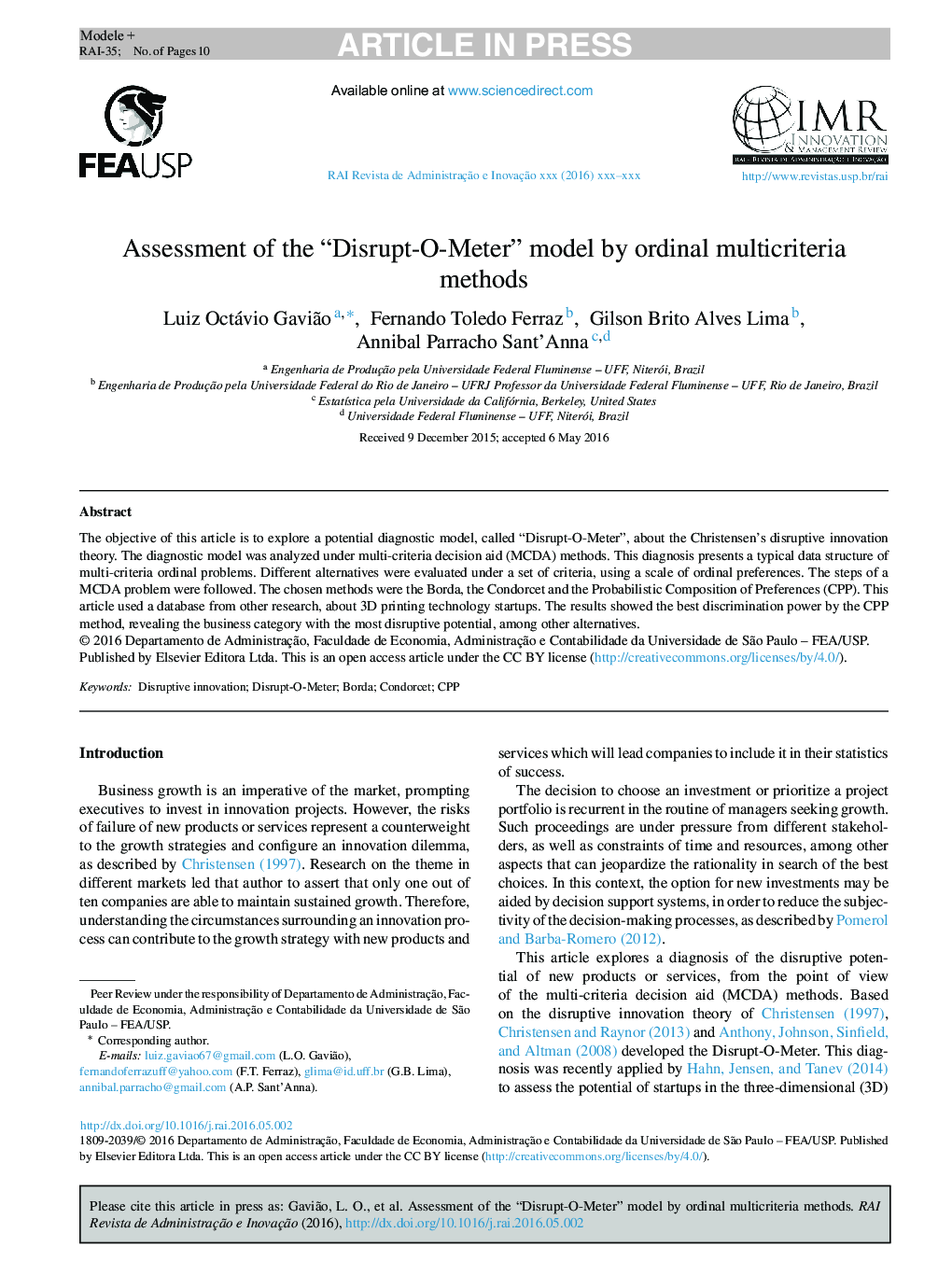 Assessment of the “Disrupt-O-Meter” model by ordinal multicriteria methods