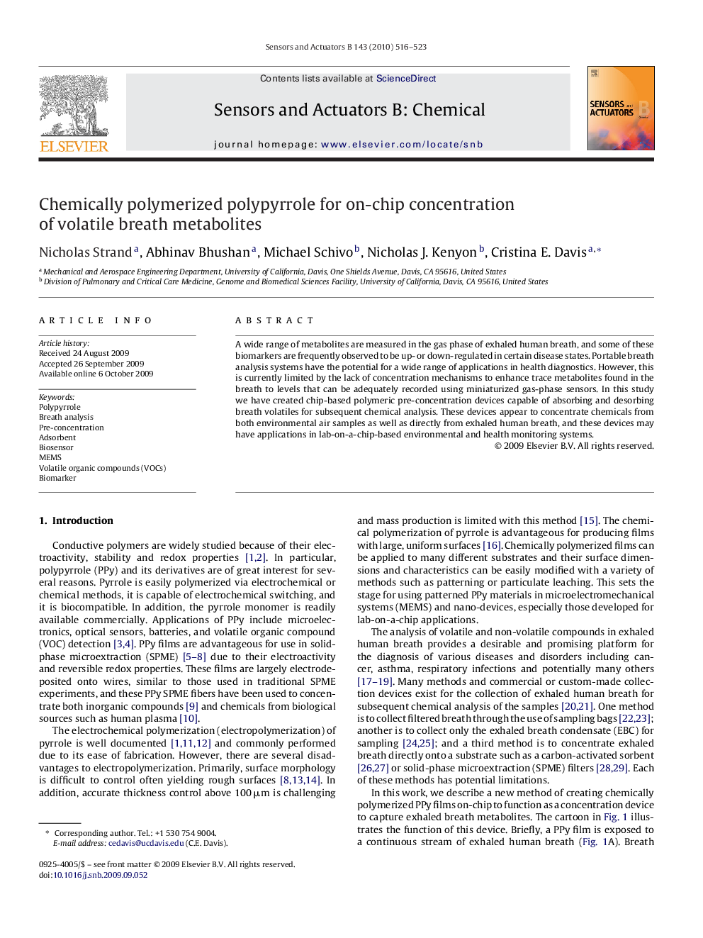 Chemically polymerized polypyrrole for on-chip concentration of volatile breath metabolites