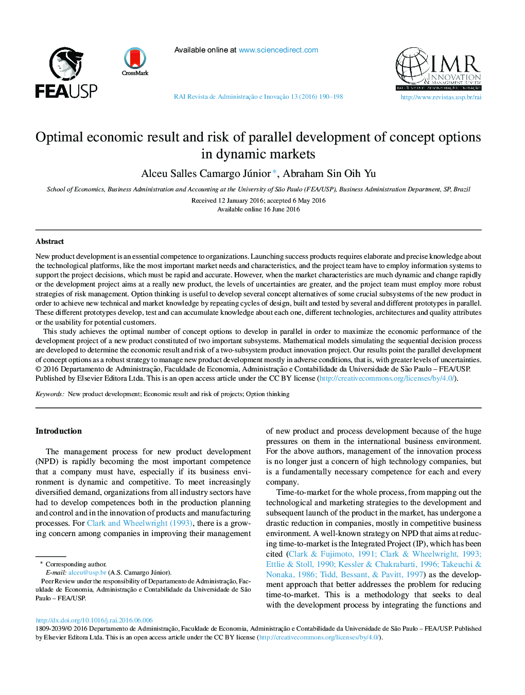 Optimal economic result and risk of parallel development of concept options in dynamic markets