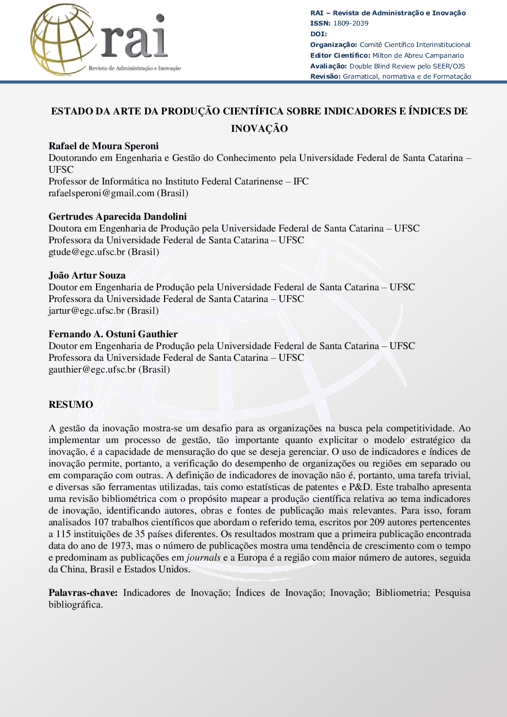 Estado da arte da produçÃ£o cientÃ­fica sobre indicadores e Ã­ndices de inovaçÃ£o