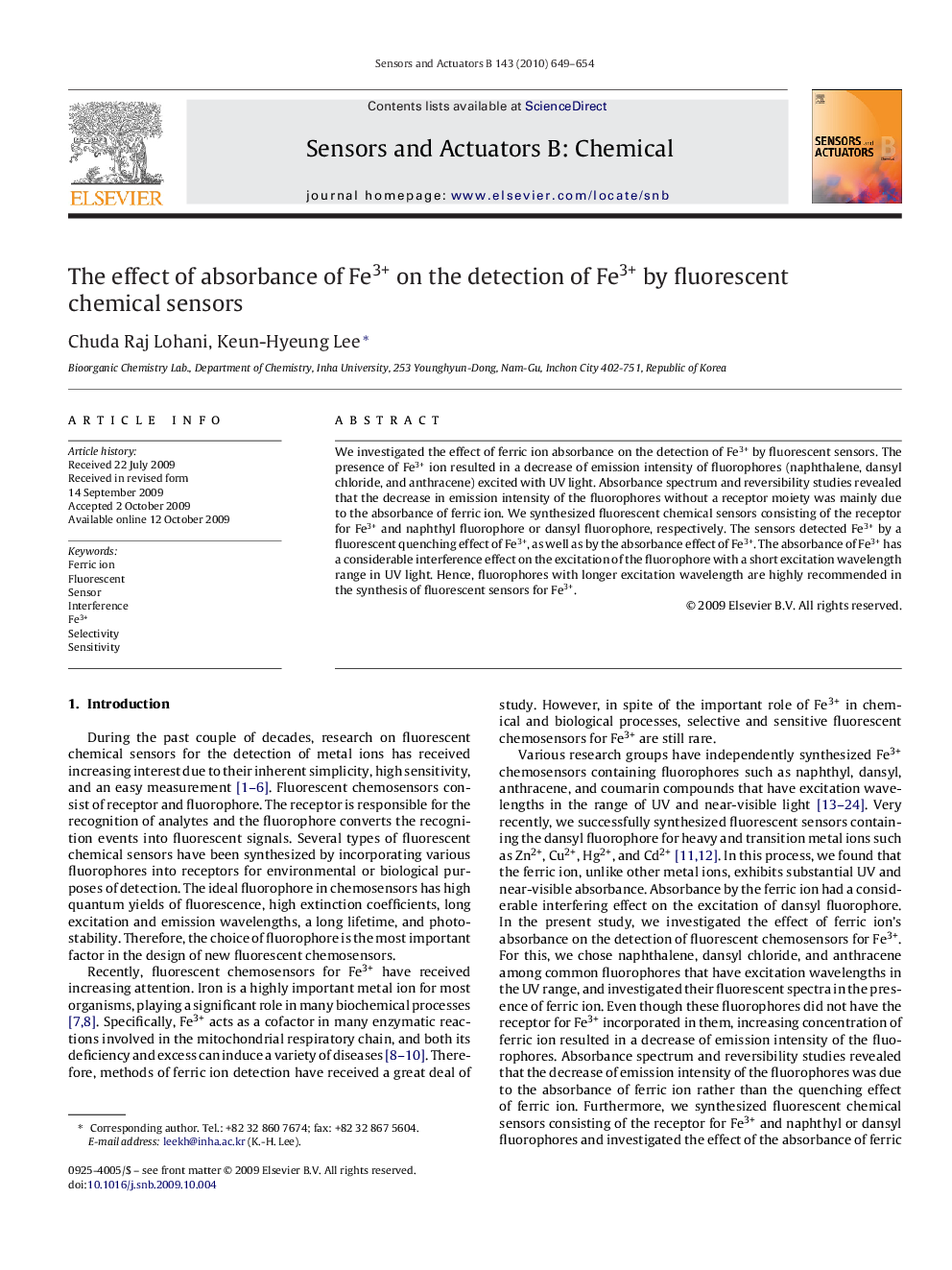 The effect of absorbance of Fe3+ on the detection of Fe3+ by fluorescent chemical sensors