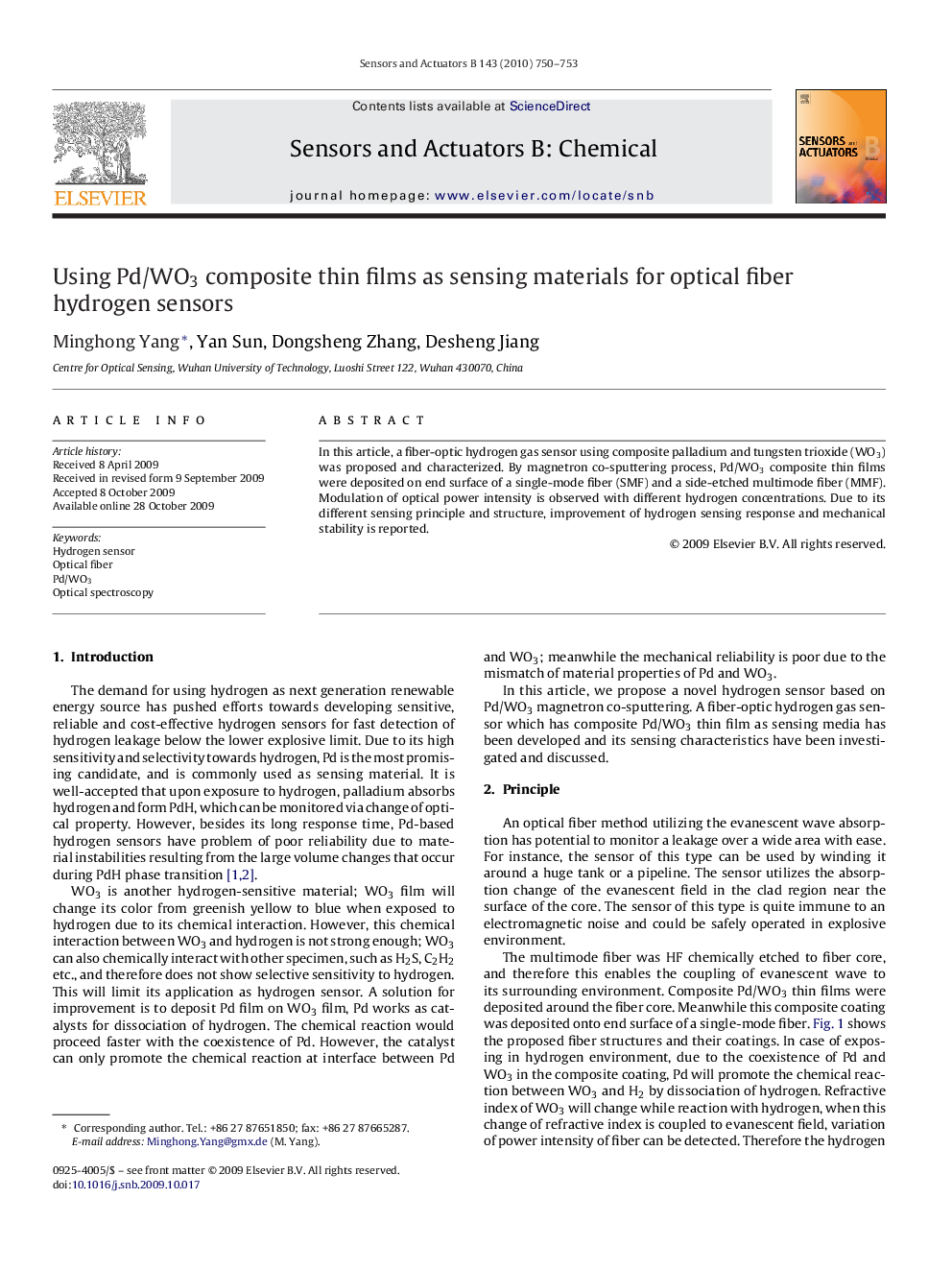 Using Pd/WO3 composite thin films as sensing materials for optical fiber hydrogen sensors