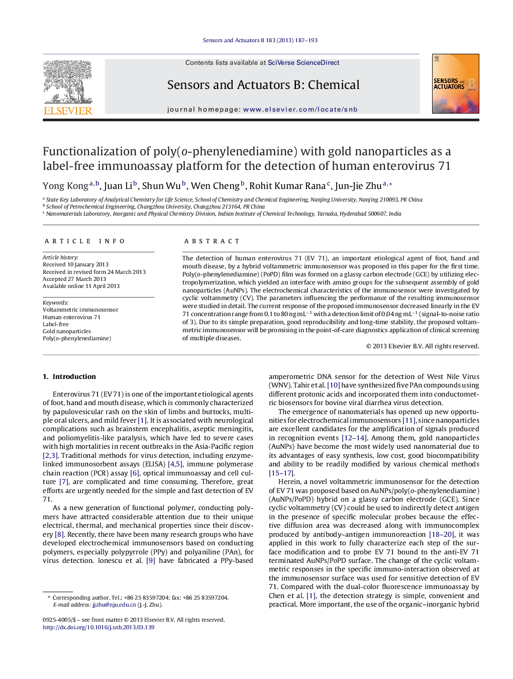 Functionalization of poly(o-phenylenediamine) with gold nanoparticles as a label-free immunoassay platform for the detection of human enterovirus 71