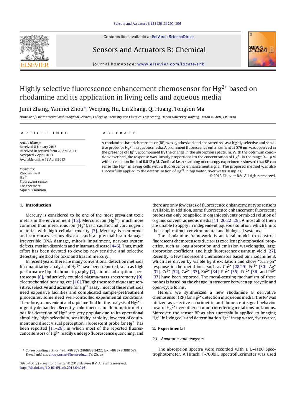 Highly selective fluorescence enhancement chemosensor for Hg2+ based on rhodamine and its application in living cells and aqueous media