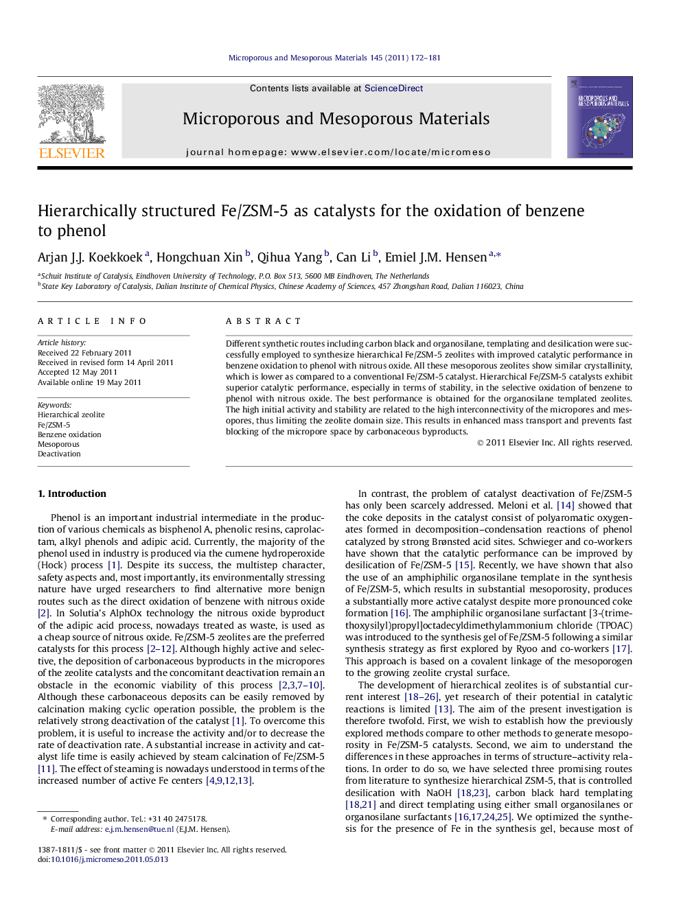 Hierarchically structured Fe/ZSM-5 as catalysts for the oxidation of benzene to phenol