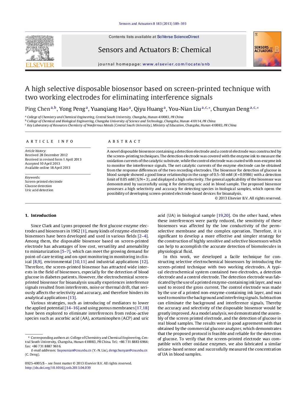 A high selective disposable biosensor based on screen-printed technique with two working electrodes for eliminating interference signals