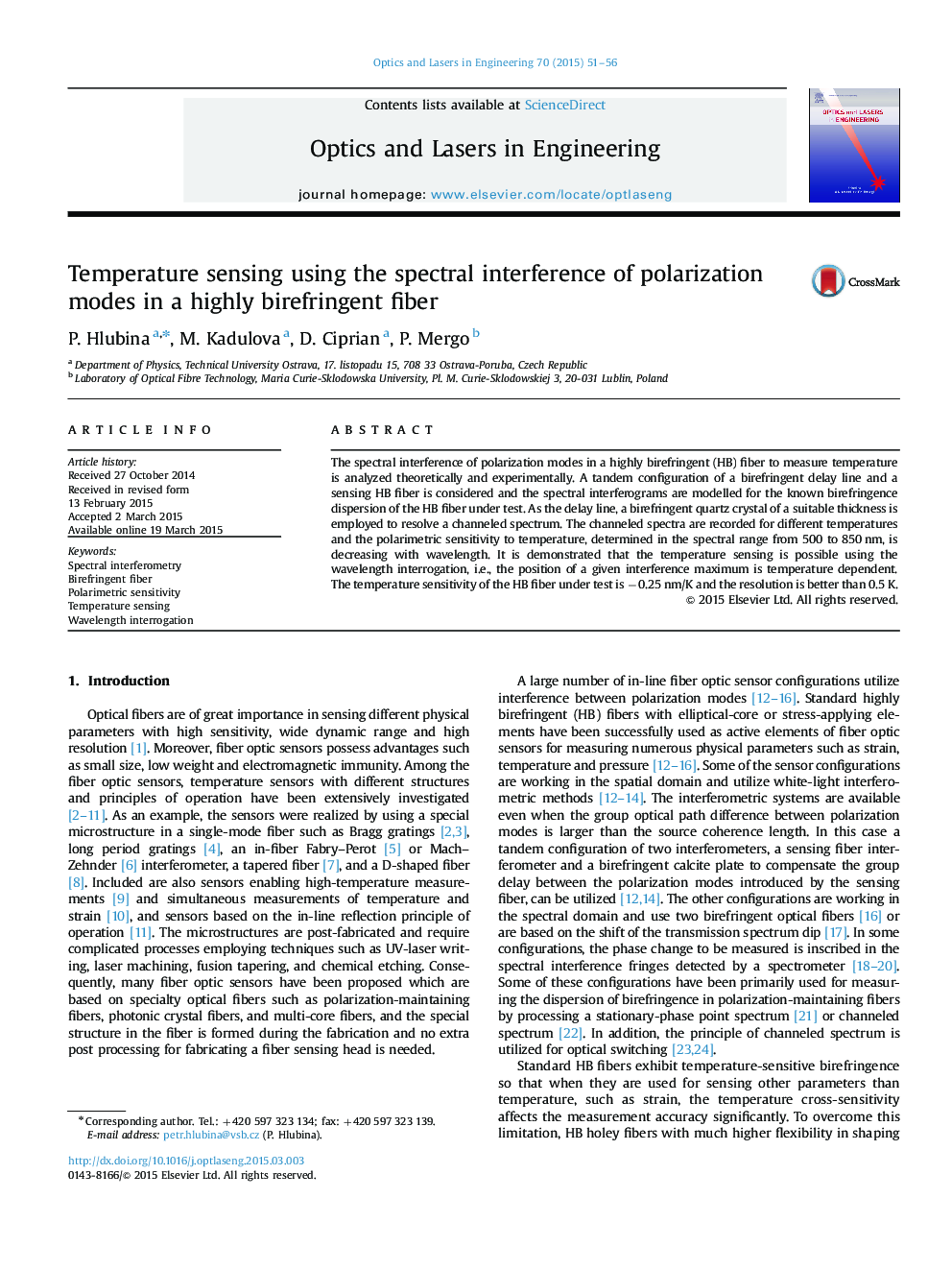 Temperature sensing using the spectral interference of polarization modes in a highly birefringent fiber