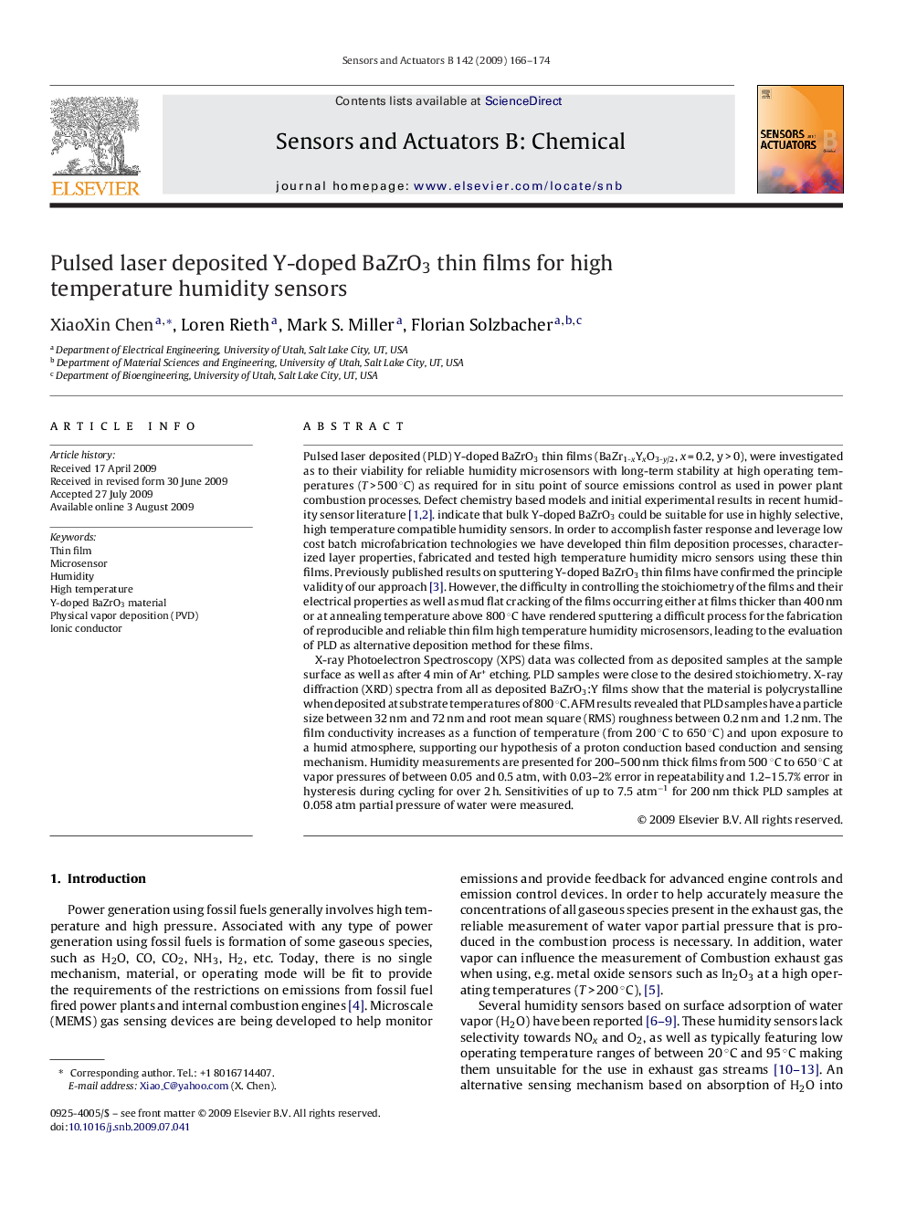 Pulsed laser deposited Y-doped BaZrO3 thin films for high temperature humidity sensors