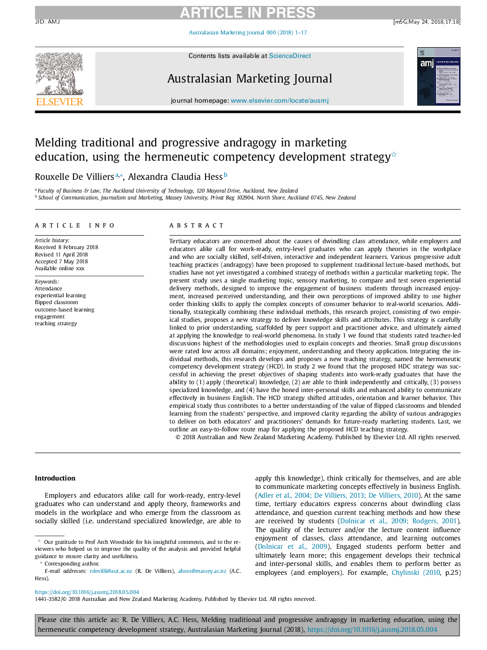 Melding traditional and progressive andragogy in marketing education, using the hermeneutic competency development strategy