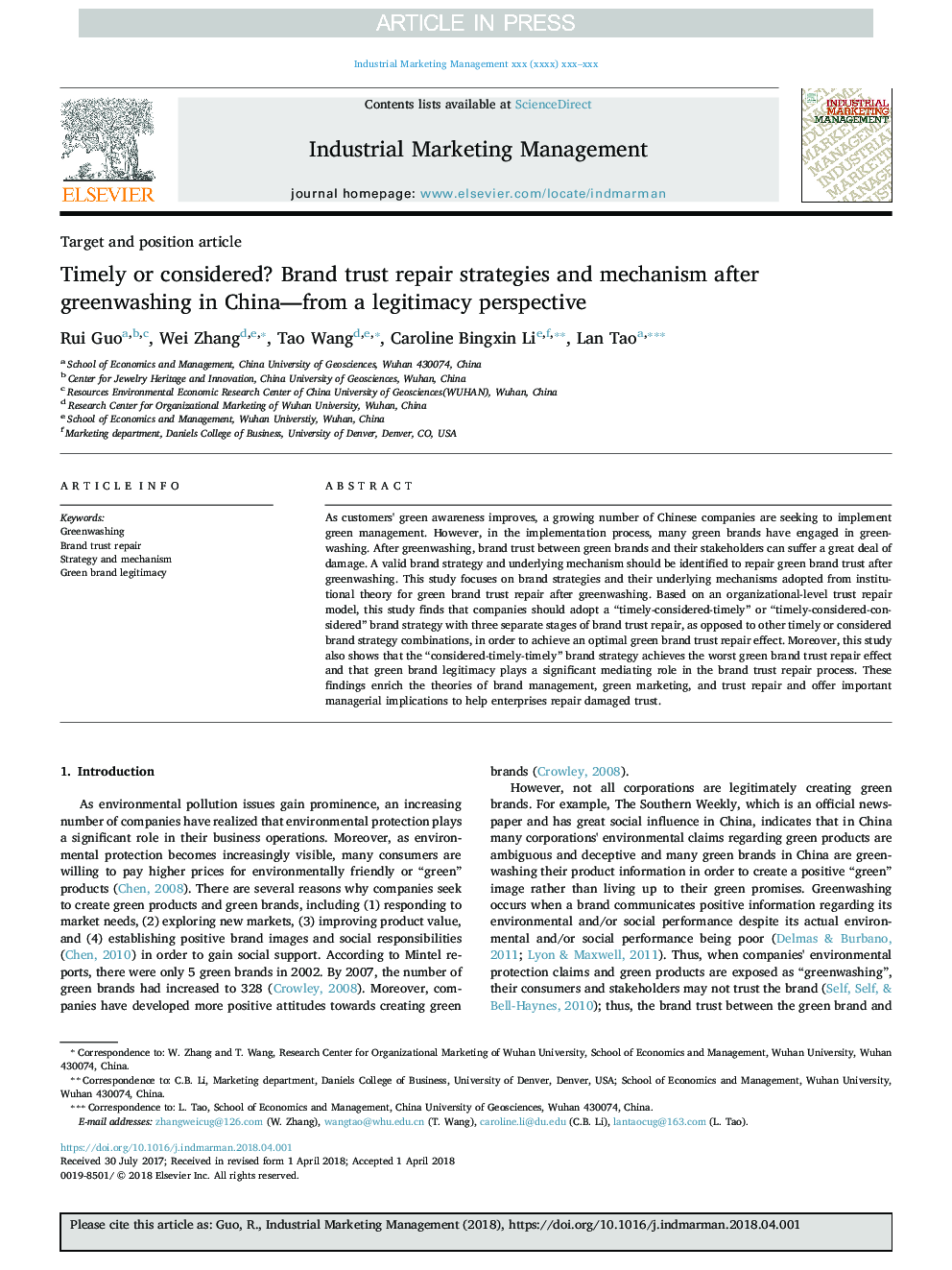 Timely or considered? Brand trust repair strategies and mechanism after greenwashing in China-from a legitimacy perspective