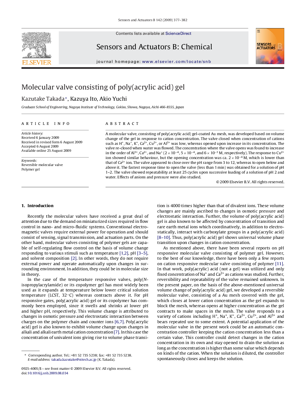 Molecular valve consisting of poly(acrylic acid) gel