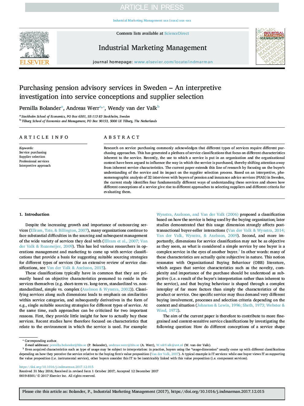 Purchasing pension advisory services in Sweden - An interpretive investigation into service conceptions and supplier selection