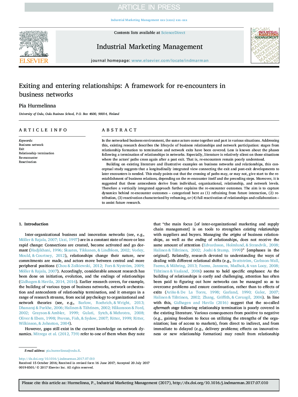 Exiting and entering relationships: A framework for re-encounters in business networks