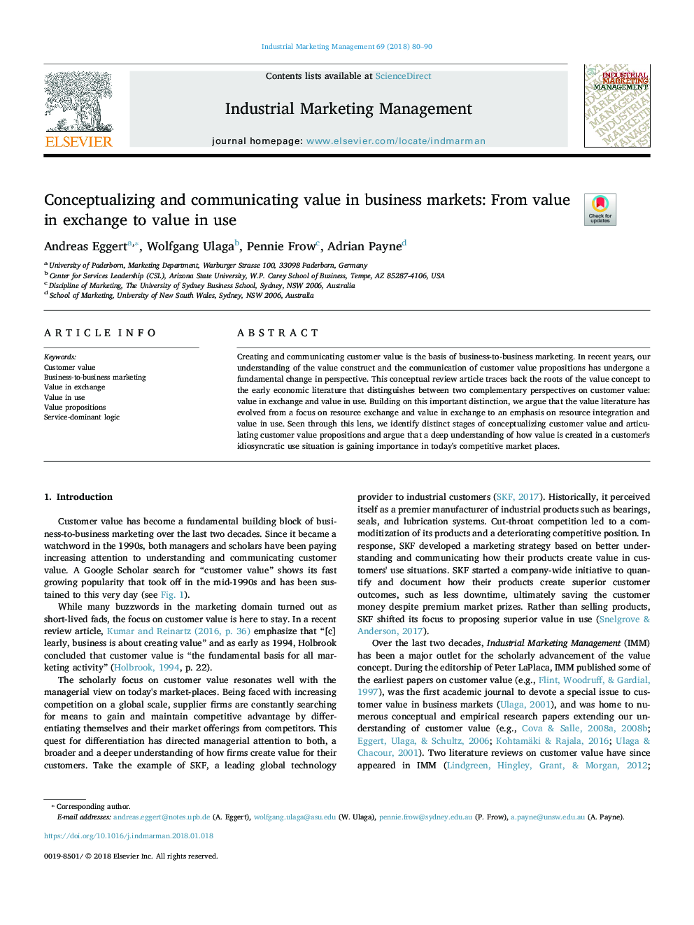 Conceptualizing and communicating value in business markets: From value in exchange to value in use