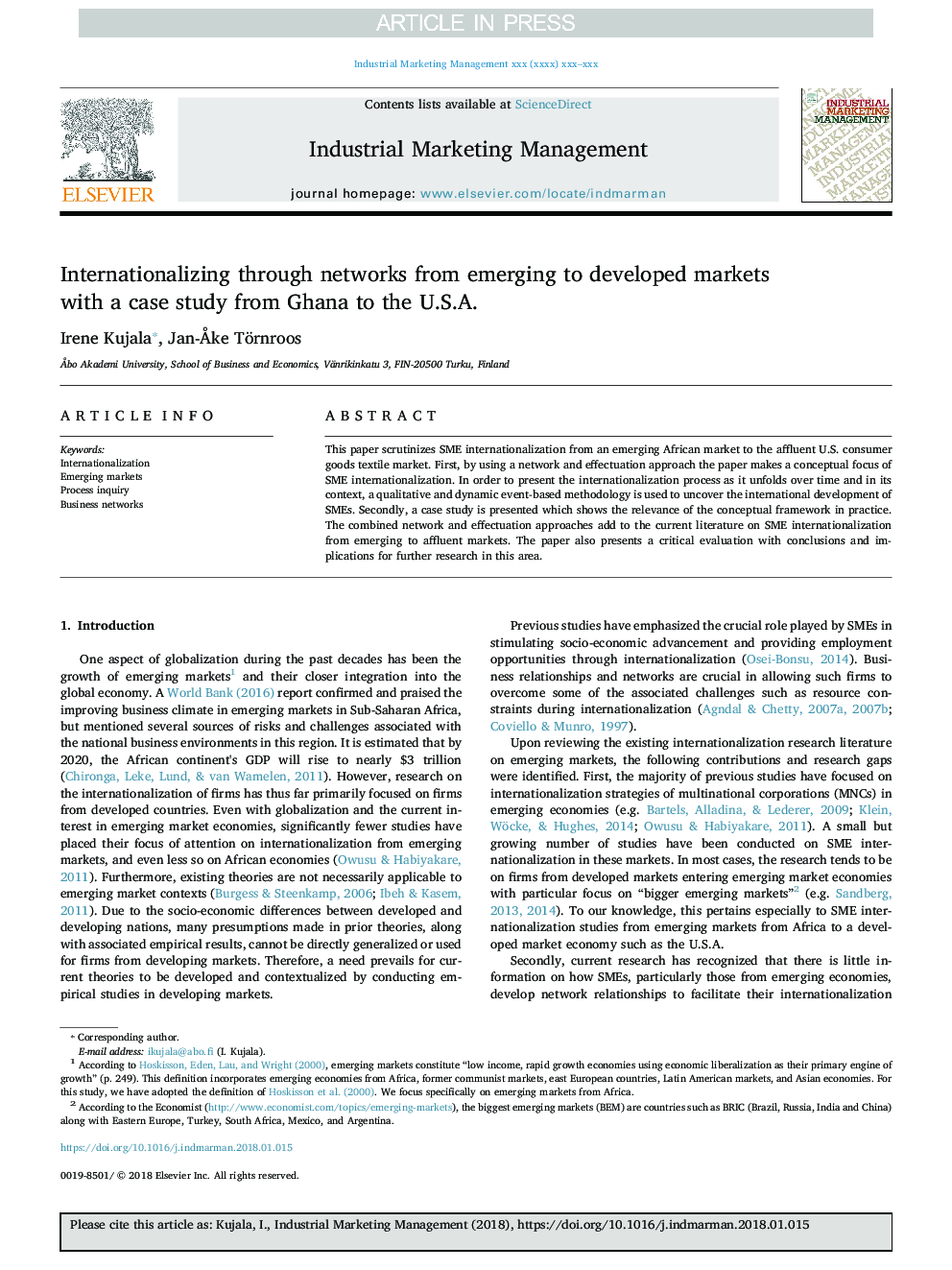 Internationalizing through networks from emerging to developed markets with a case study from Ghana to the U.S.A.