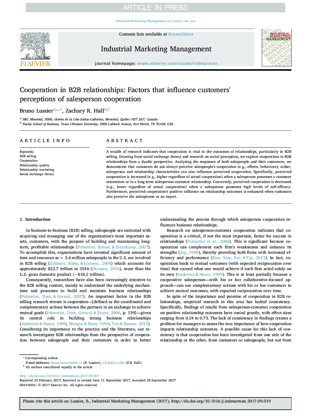 Cooperation in B2B relationships: Factors that influence customers' perceptions of salesperson cooperation