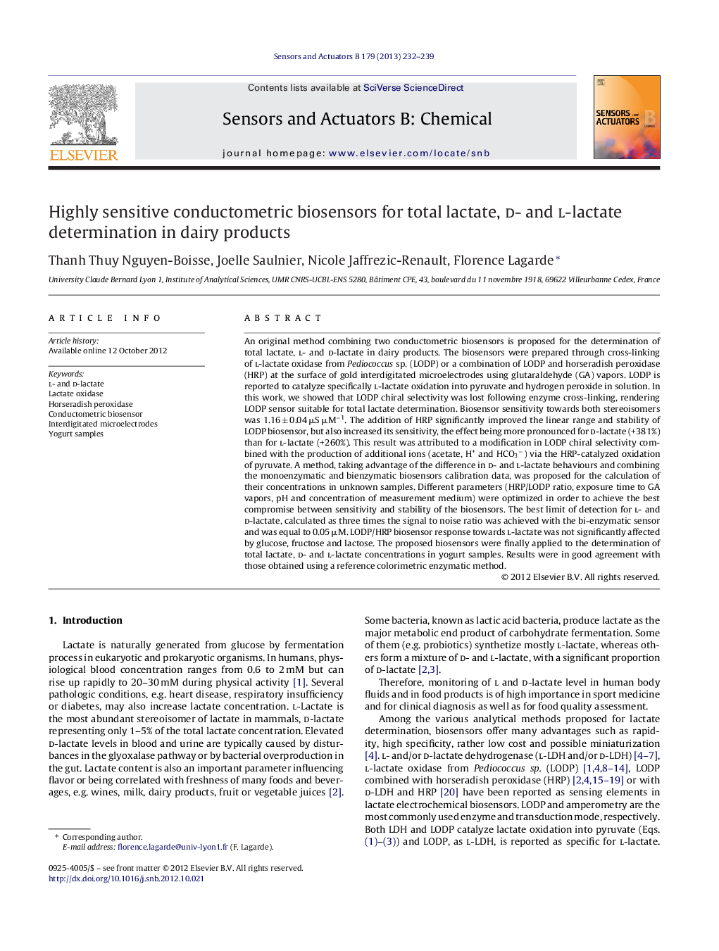 Highly sensitive conductometric biosensors for total lactate, d- and l-lactate determination in dairy products