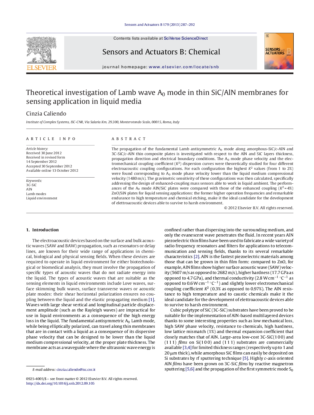 Theoretical investigation of Lamb wave A0 mode in thin SiC/AlN membranes for sensing application in liquid media