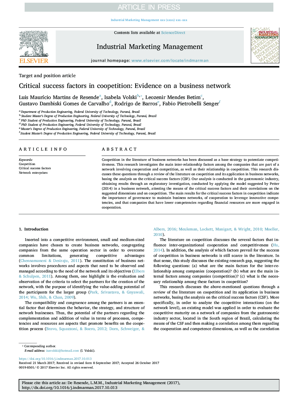 Critical success factors in coopetition: Evidence on a business network