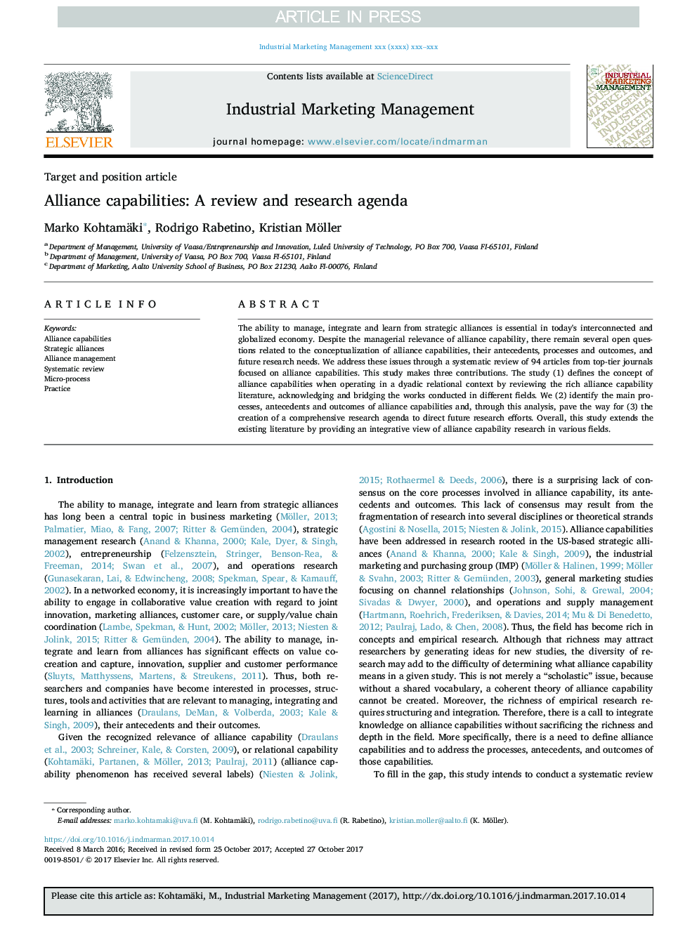 Alliance capabilities: A systematic review and future research directions