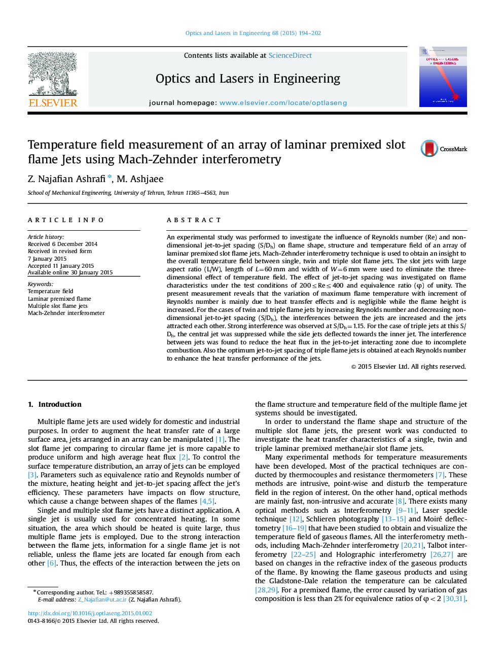 Temperature field measurement of an array of laminar premixed slot flame Jets using Mach-Zehnder interferometry