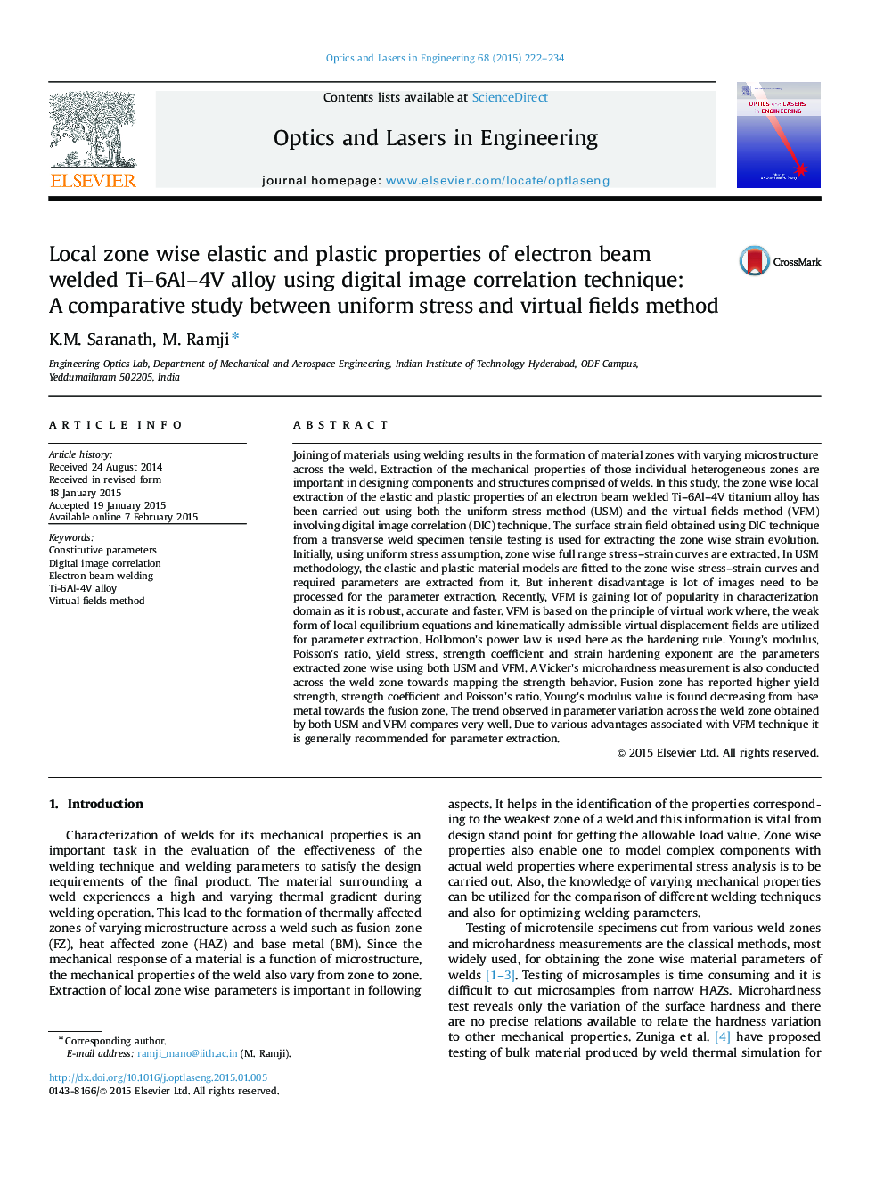 Local zone wise elastic and plastic properties of electron beam welded Ti–6Al–4V alloy using digital image correlation technique: A comparative study between uniform stress and virtual fields method