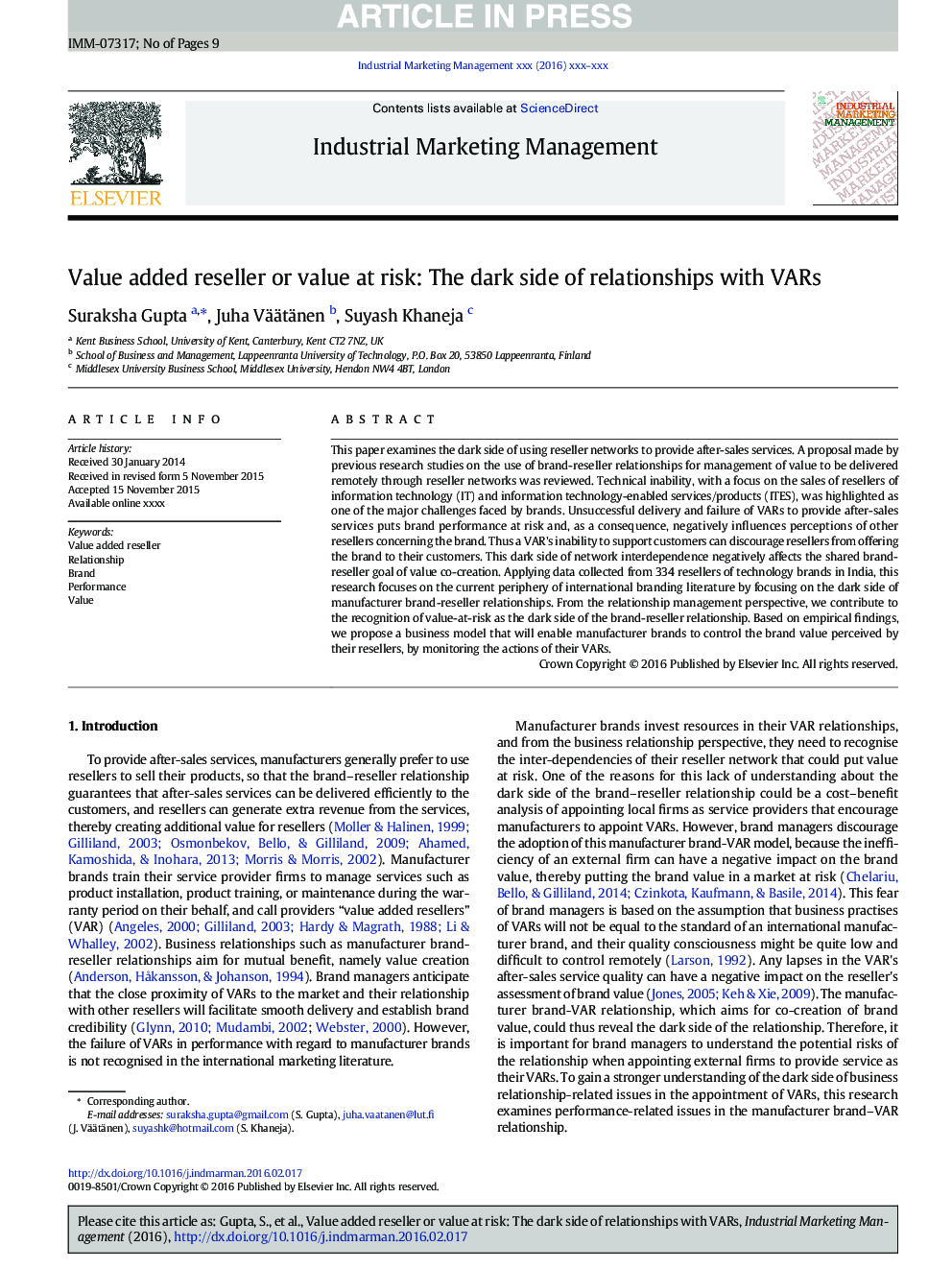 عکس صفحه اول مقاله: Value added reseller or value at risk: The dark side of relationships with VARs Value added reseller or value at risk: The dark side of relationships with VARs