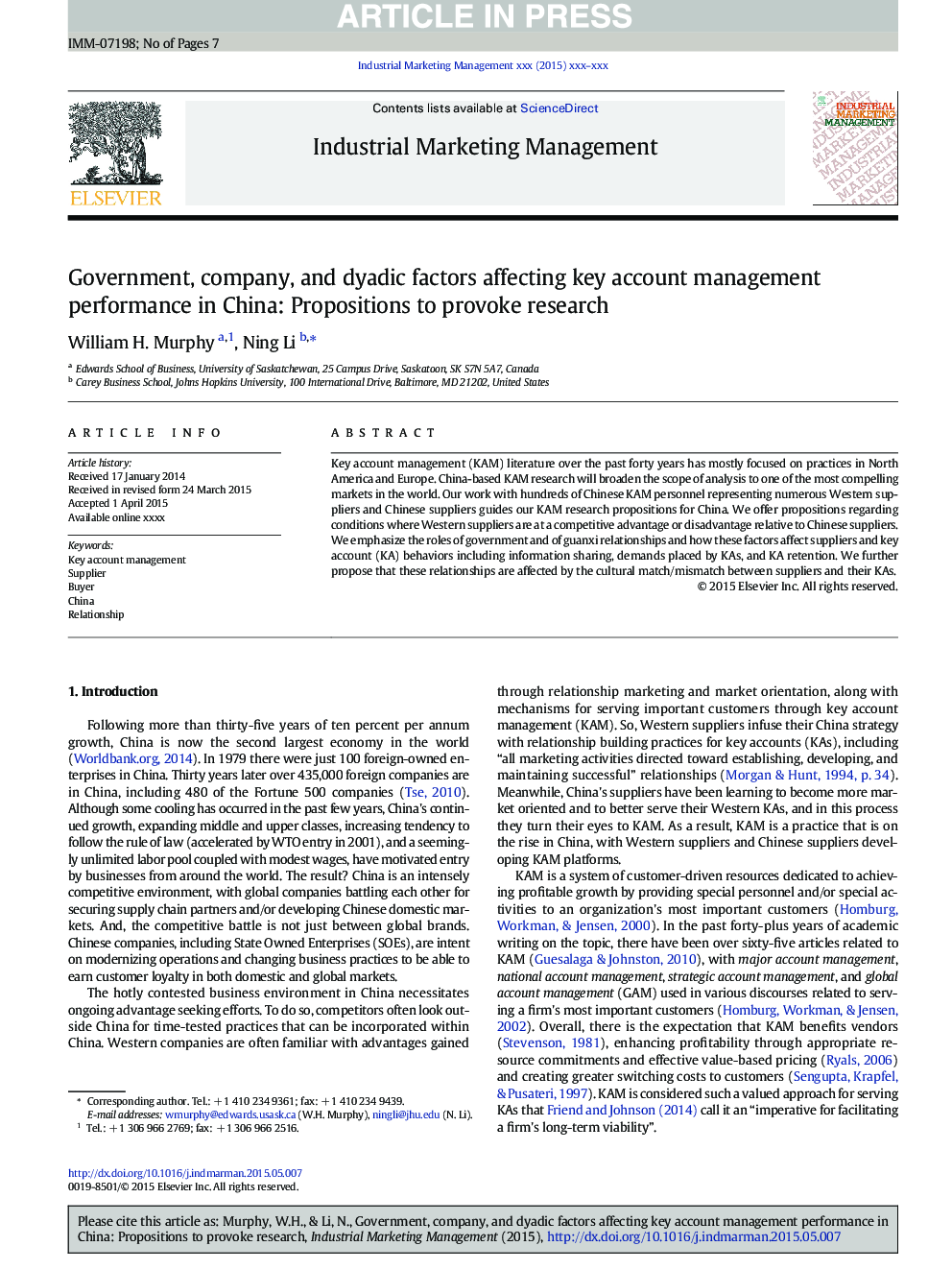 Government, company, and dyadic factors affecting key account management performance in China: Propositions to provoke research