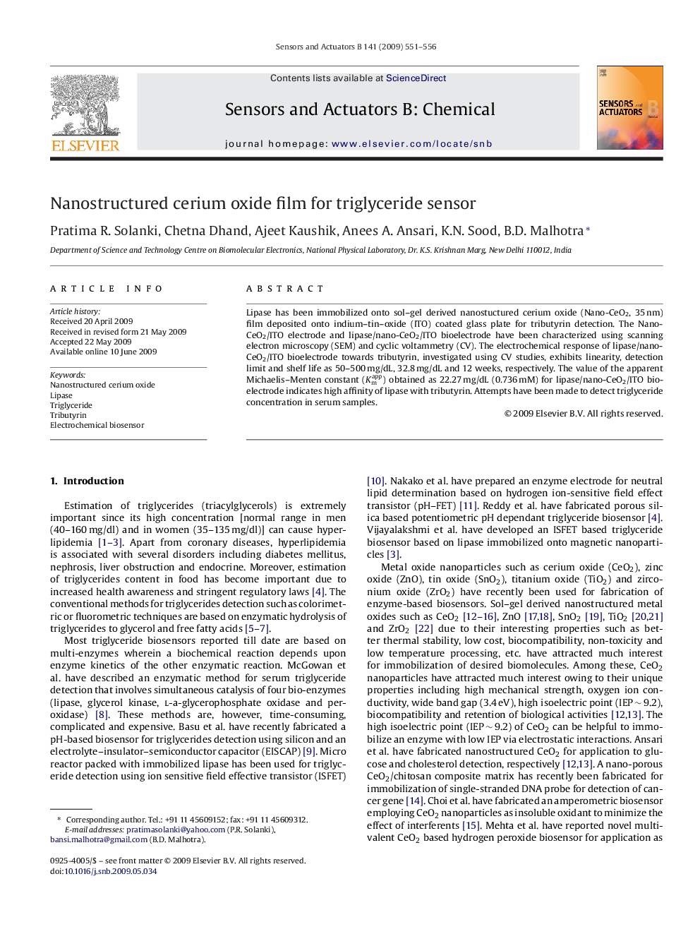 Nanostructured cerium oxide film for triglyceride sensor