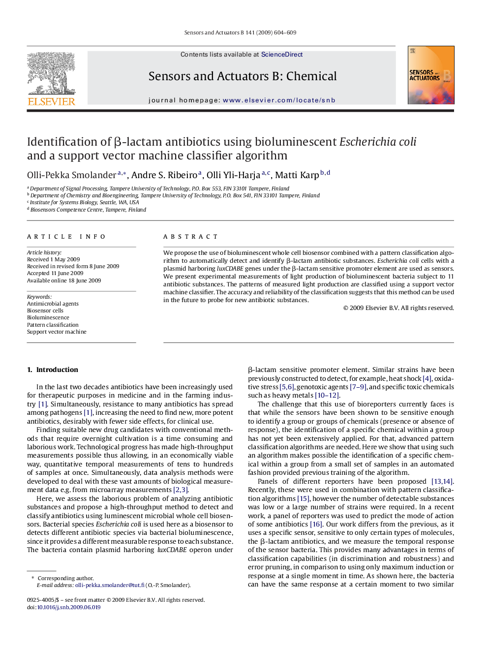 Identification of β-lactam antibiotics using bioluminescent Escherichia coli and a support vector machine classifier algorithm