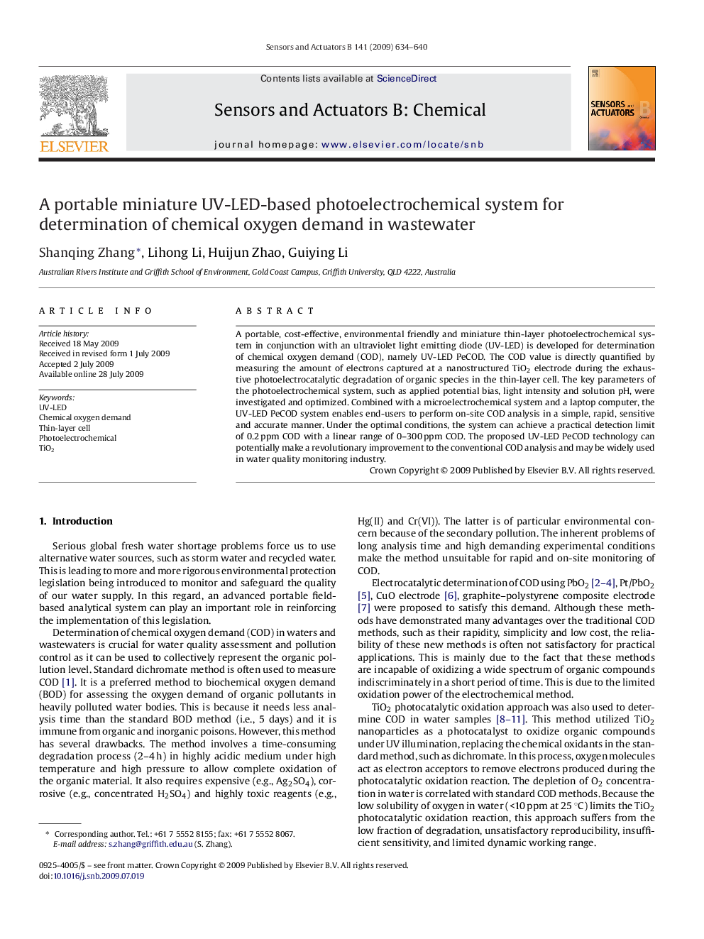 A portable miniature UV-LED-based photoelectrochemical system for determination of chemical oxygen demand in wastewater