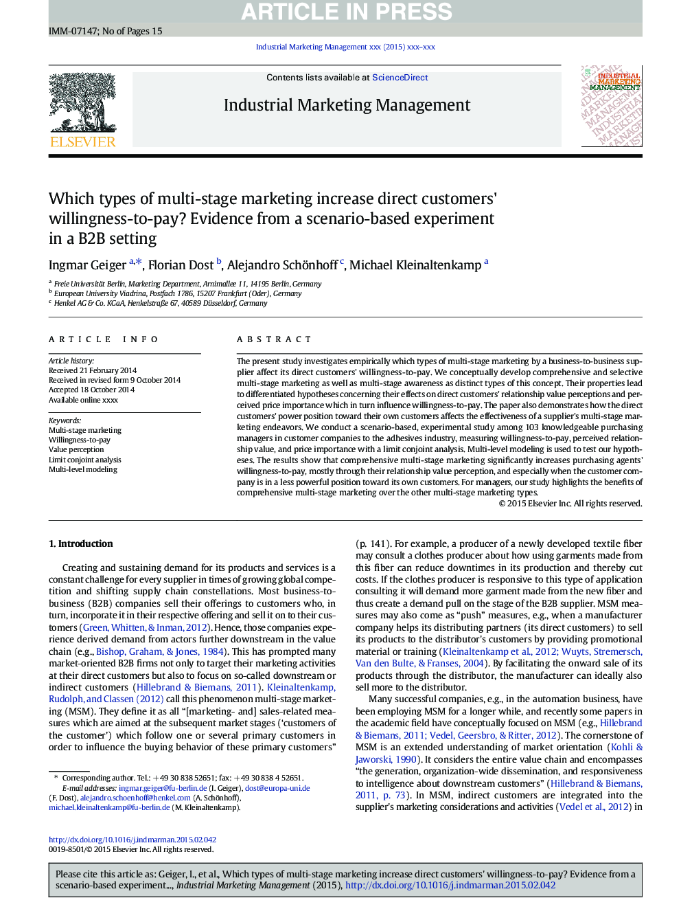 Which types of multi-stage marketing increase direct customers' willingness-to-pay? Evidence from a scenario-based experiment in a B2B setting