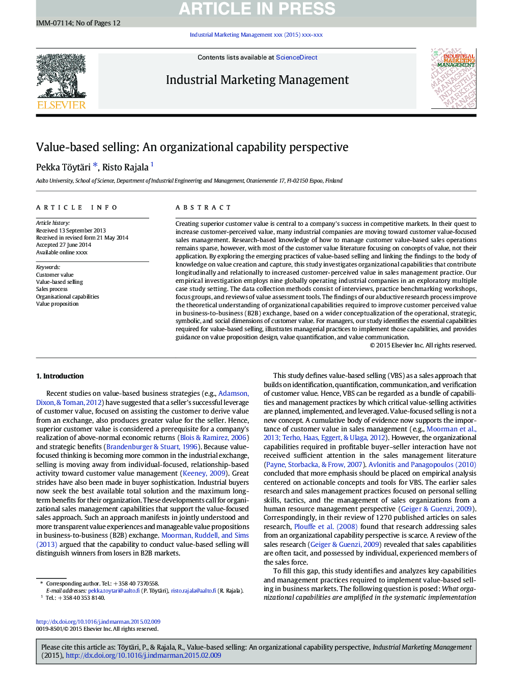 Value-based selling: An organizational capability perspective