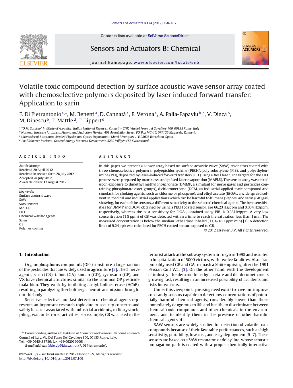 Volatile toxic compound detection by surface acoustic wave sensor array coated with chemoselective polymers deposited by laser induced forward transfer: Application to sarin