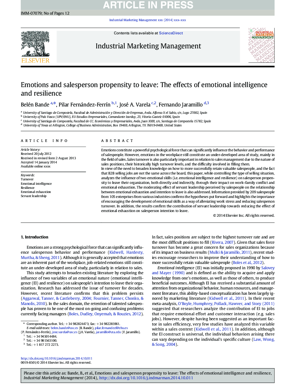 Emotions and salesperson propensity to leave: The effects of emotional intelligence and resilience