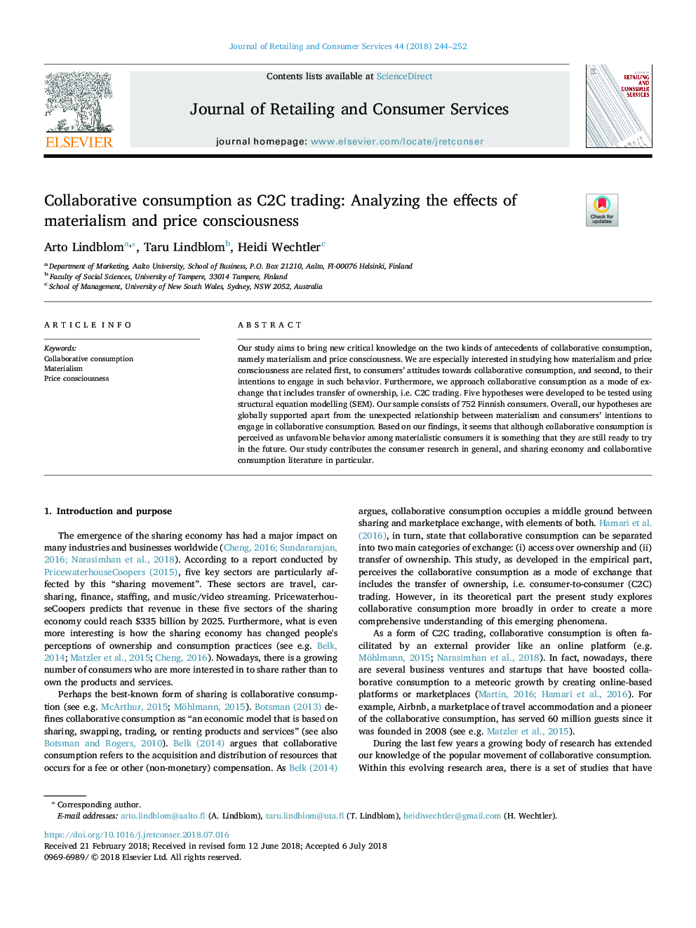 Collaborative consumption as C2C trading: Analyzing the effects of materialism and price consciousness