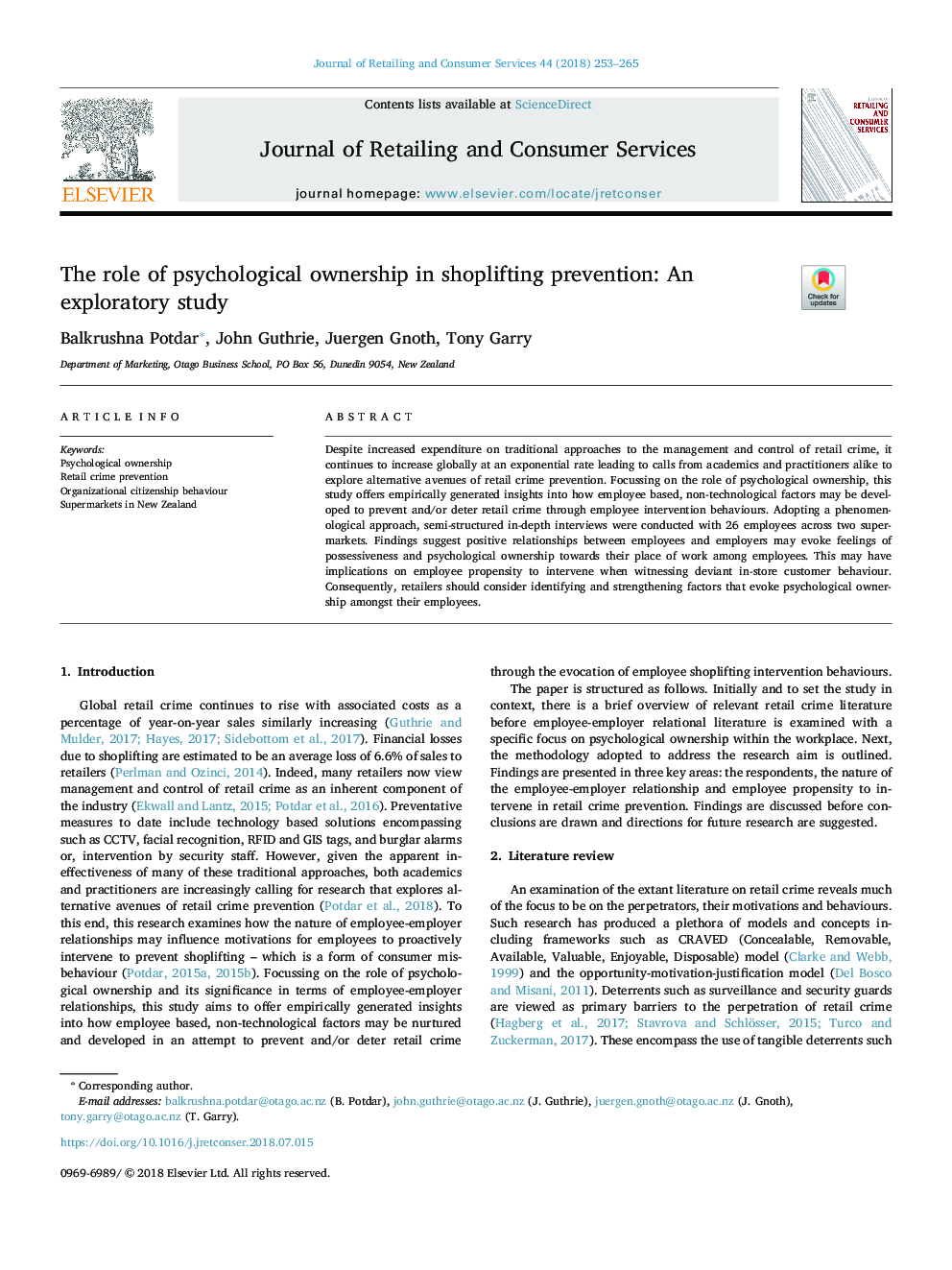 The role of psychological ownership in shoplifting prevention: An exploratory study