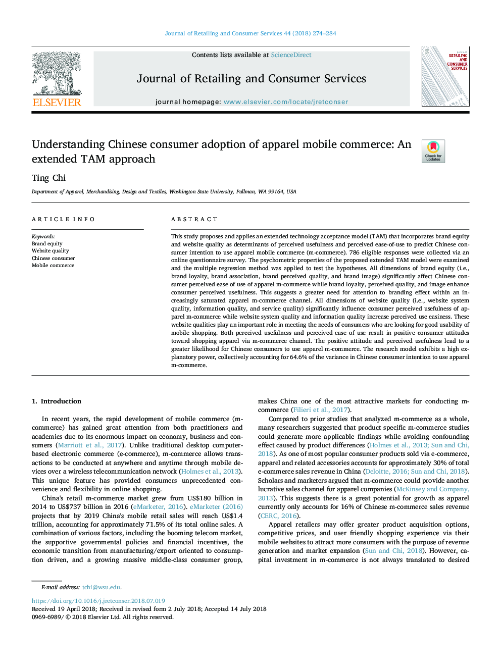 Understanding Chinese consumer adoption of apparel mobile commerce: An extended TAM approach