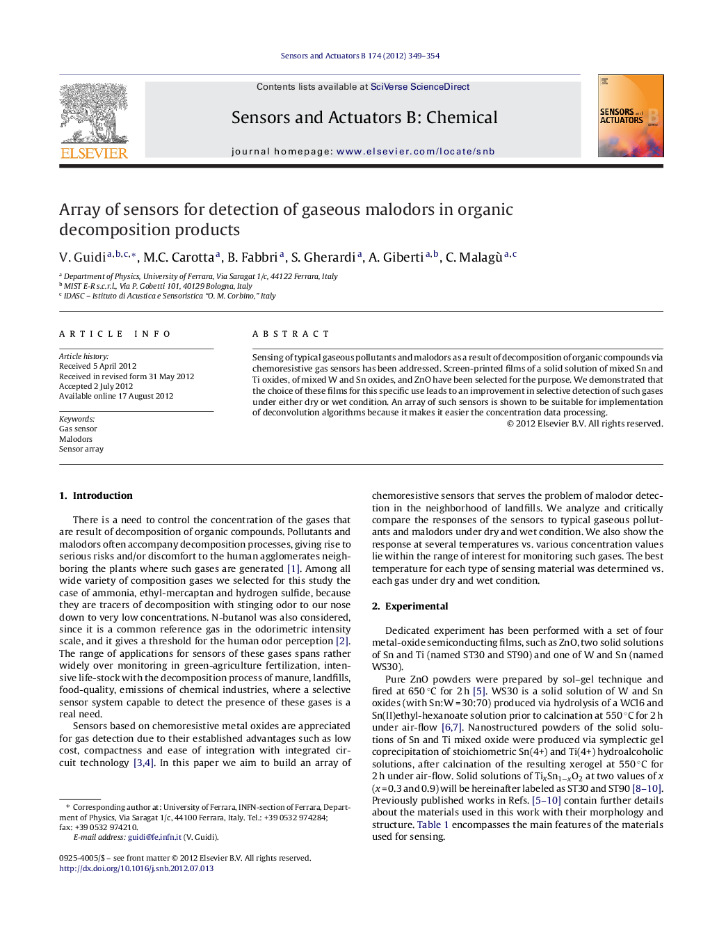 Array of sensors for detection of gaseous malodors in organic decomposition products