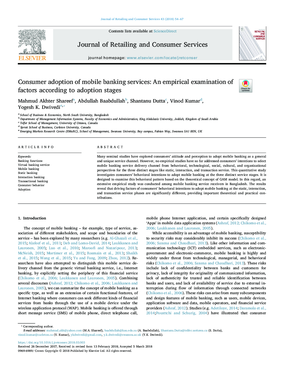 Consumer adoption of mobile banking services: An empirical examination of factors according to adoption stages