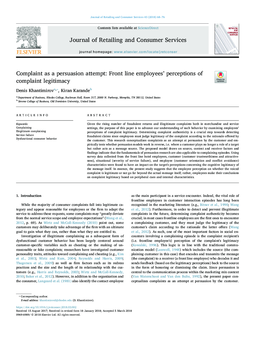 Complaint as a persuasion attempt: Front line employees' perceptions of complaint legitimacy