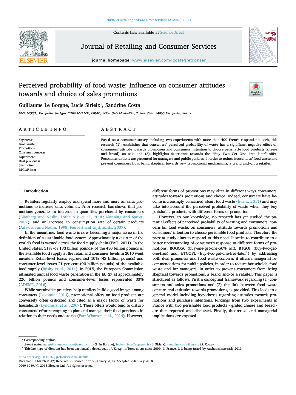 Perceived probability of food waste: Influence on consumer attitudes towards and choice of sales promotions