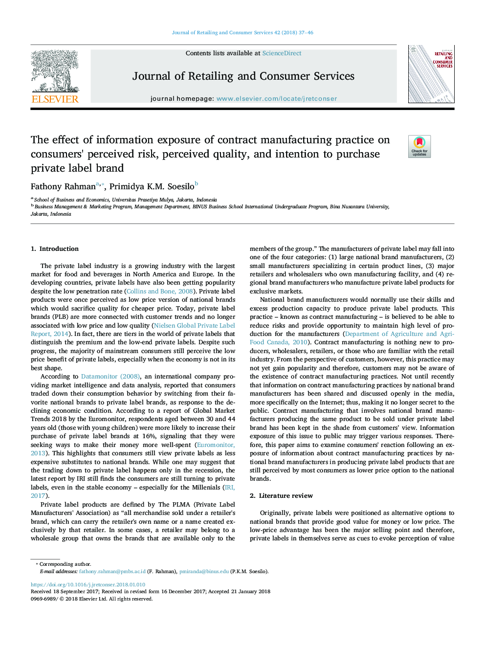 The effect of information exposure of contract manufacturing practice on consumers' perceived risk, perceived quality, and intention to purchase private label brand