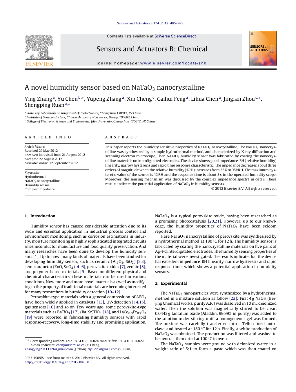 A novel humidity sensor based on NaTaO3 nanocrystalline