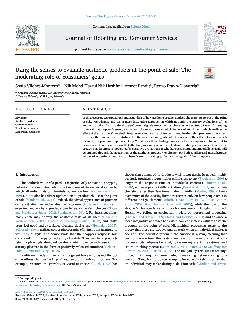 Using the senses to evaluate aesthetic products at the point of sale: The moderating role of consumers' goals