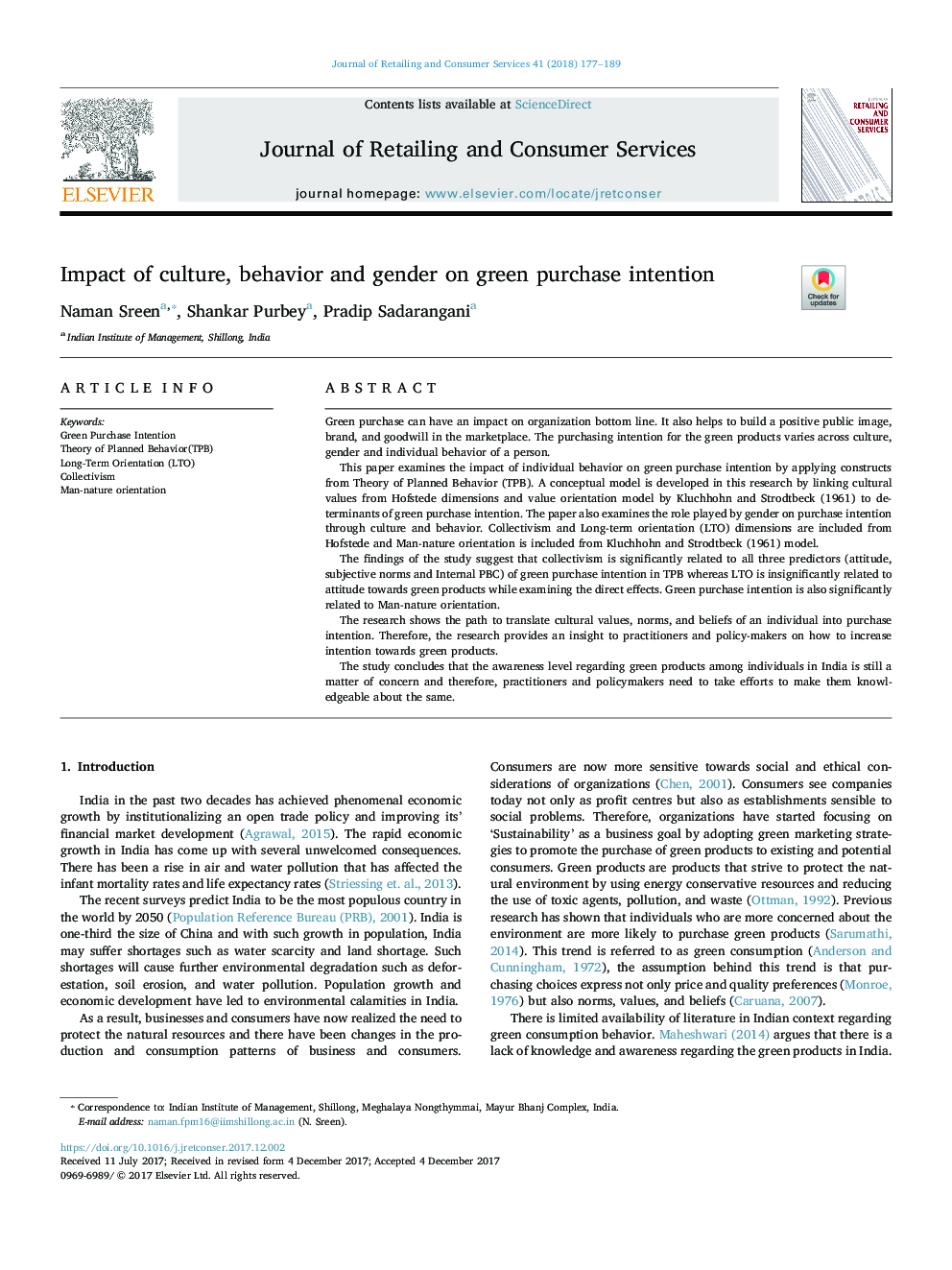 Impact of culture, behavior and gender on green purchase intention