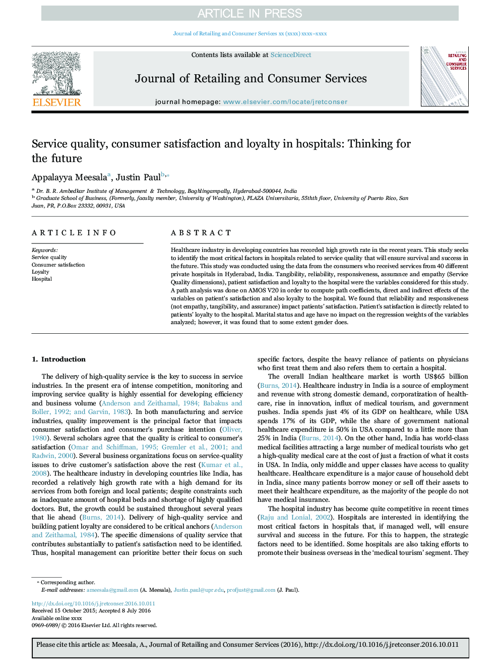 Service quality, consumer satisfaction and loyalty in hospitals: Thinking for the future