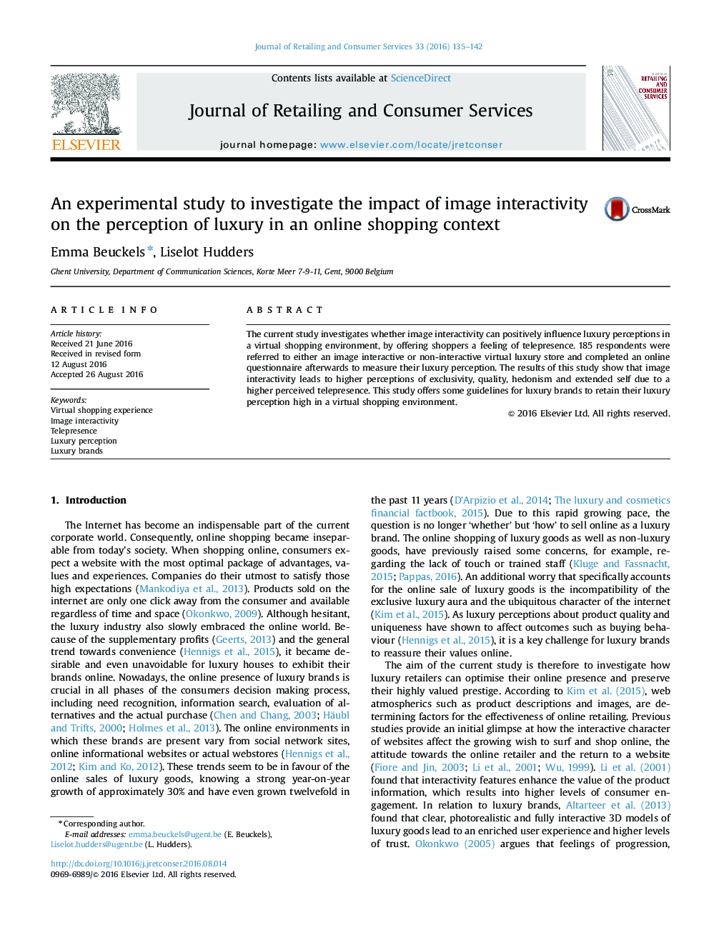 An experimental study to investigate the impact of image interactivity on the perception of luxury in an online shopping context