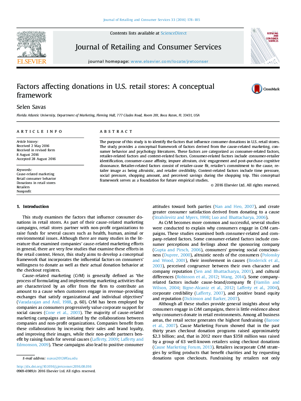 Factors affecting donations in U.S. retail stores: A conceptual framework