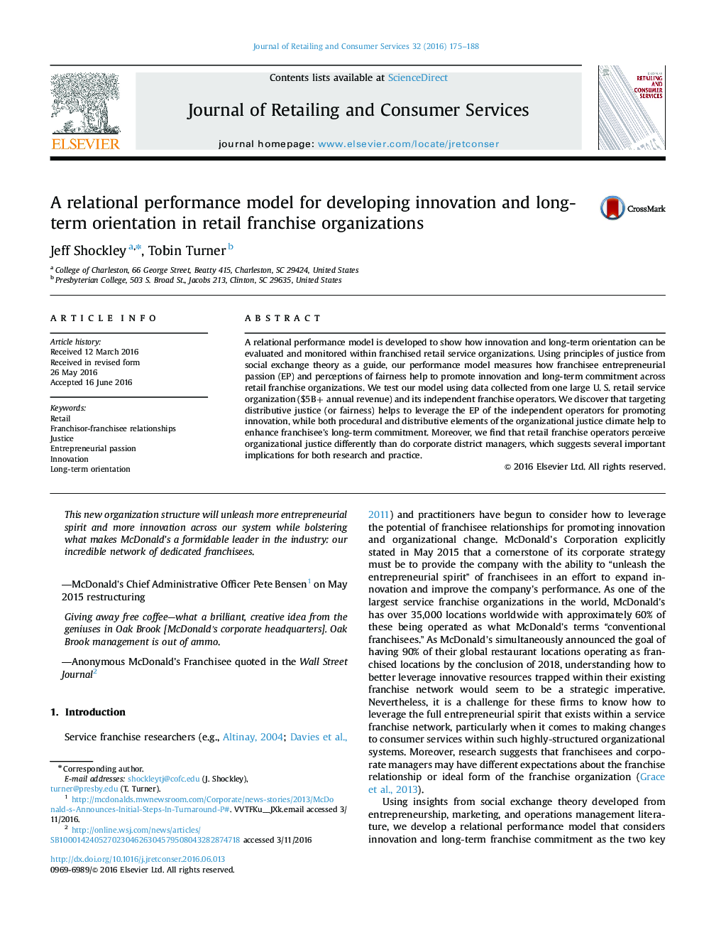 A relational performance model for developing innovation and long-term orientation in retail franchise organizations